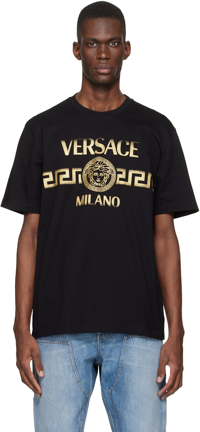 Versace: ブラック Regular プリント コットンジャージ Tシャツ