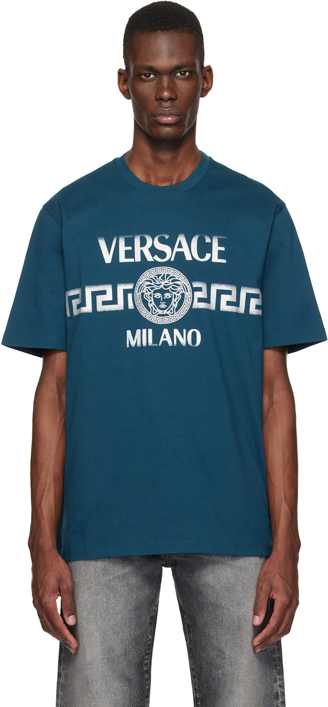 Versace: Navy Printed Cotton-Jersey Regular T-shirt | SSENSE Canada