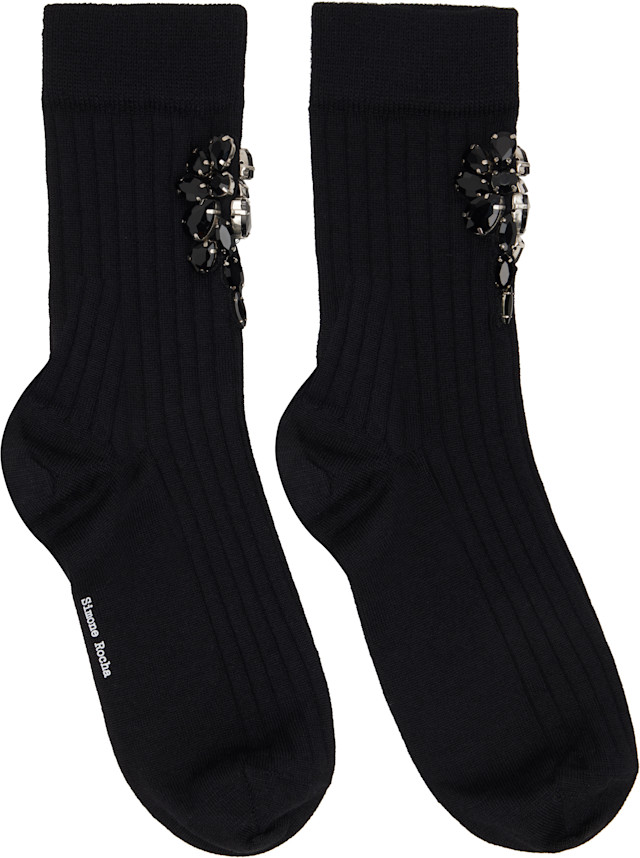 Simone Rocha フラワープリントソックス　花柄ラメ入り黒花柄ソックス Simone Rocha: Black Poppy Crystal Flower Ribbed Ankle Socks | SSENSE