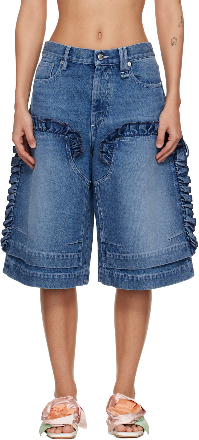 Simone Rocha: Blue Ruffle Frill Denim Board Shorts | SSENSE