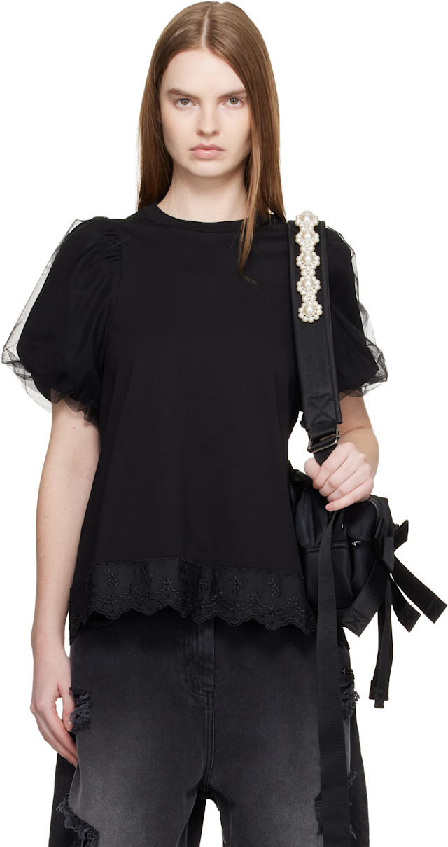 Simone Rocha: Black Tulle Overlay Puff Sleeve Lace Trim T-shirt