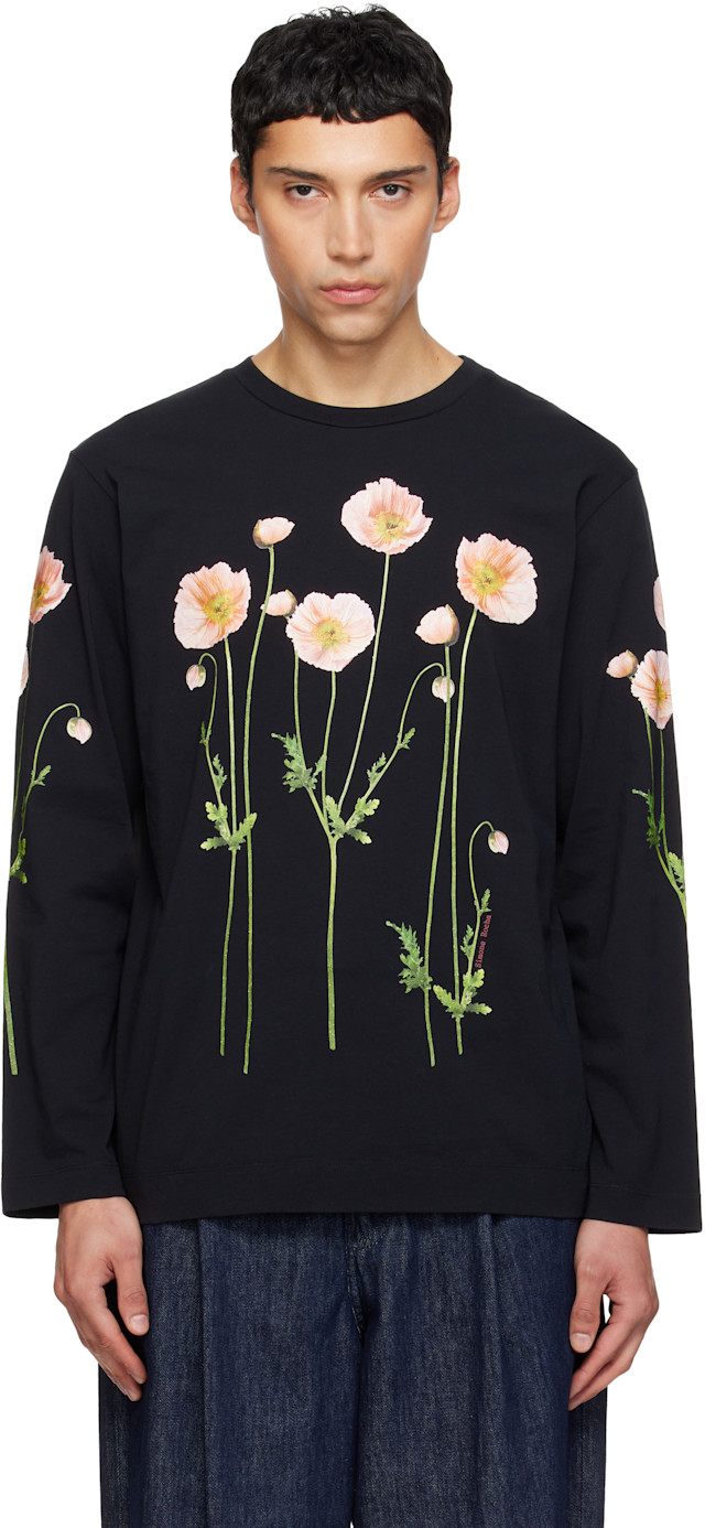 Simone Rocha: Black Poppy Field Print Long Sleeve T-shirt | SSENSE