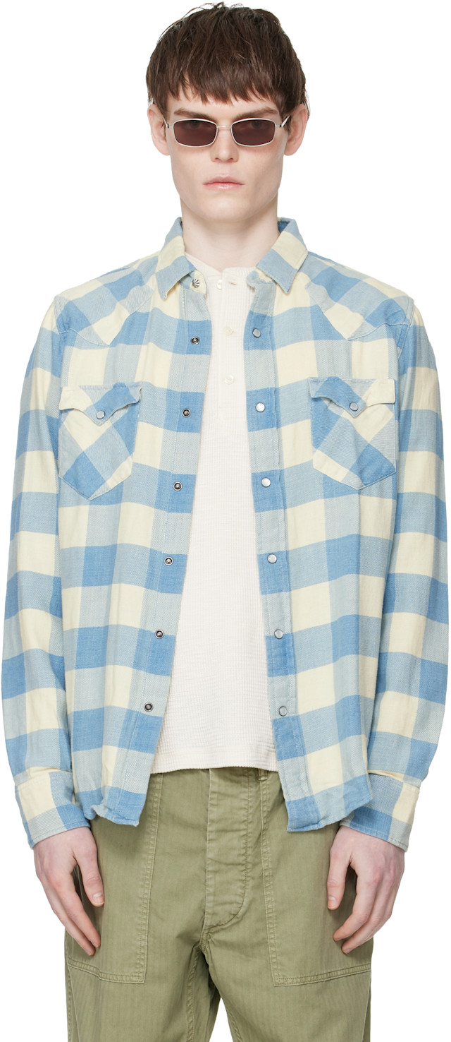 RRL: Blue & Off-White Slim Fit Plaid Twill Western Shirt | SSENSE