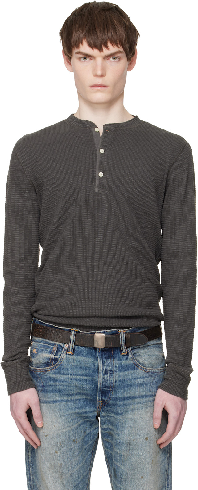 RRL: グレー ワッフル ヘンリーネック Tシャツ | SSENSE 日本