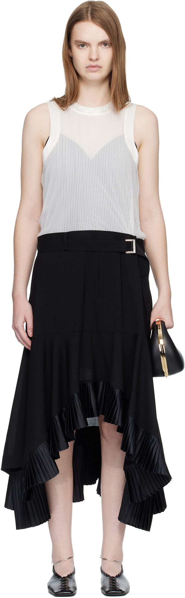 sacai: Black & Off-White Suiting Satin Midi Dress | SSENSE