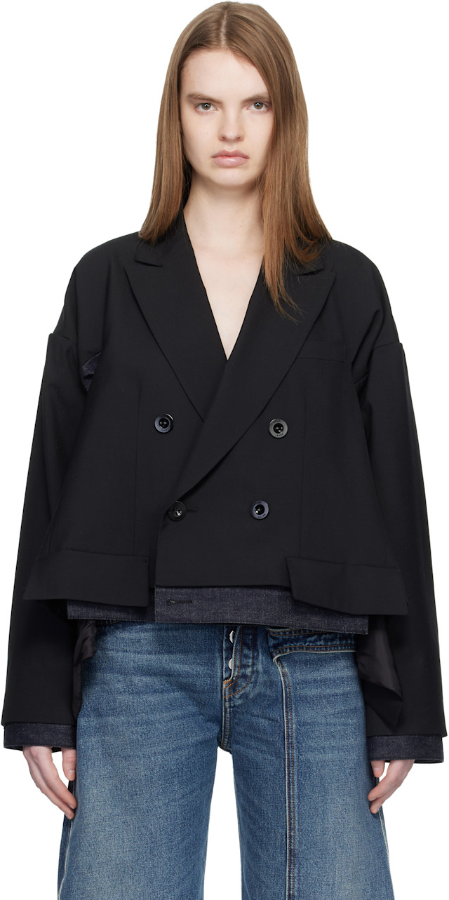sacai: ブラック Suiting & Denim テーラードジャケット | SSENSE 日本