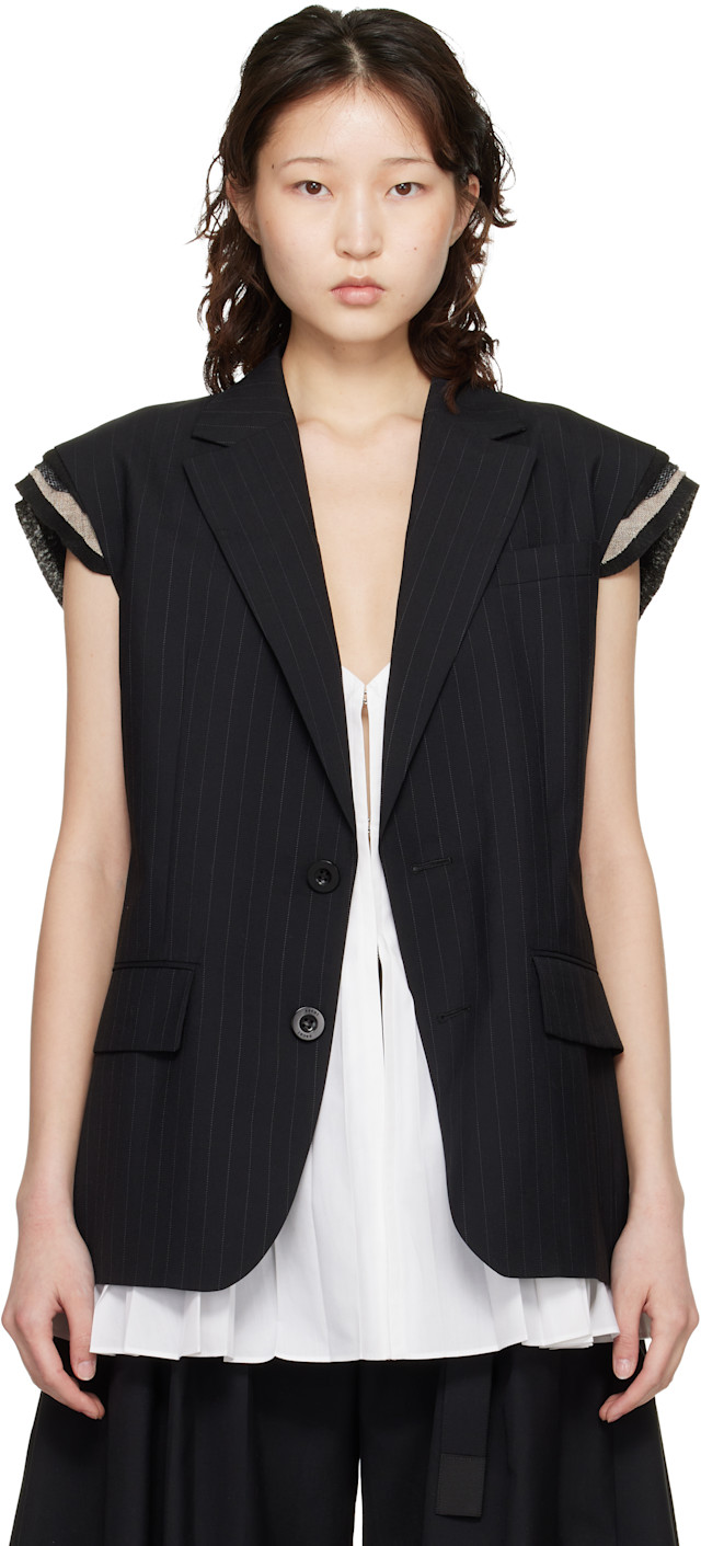 sacai: Black Chalk Stripe Vest | SSENSE