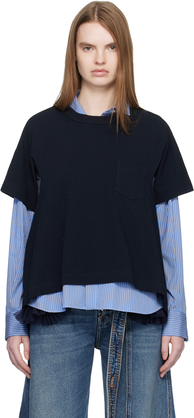 sacai: Navy Light Weight Denim & Cotton Jersey T-shirt | SSENSE