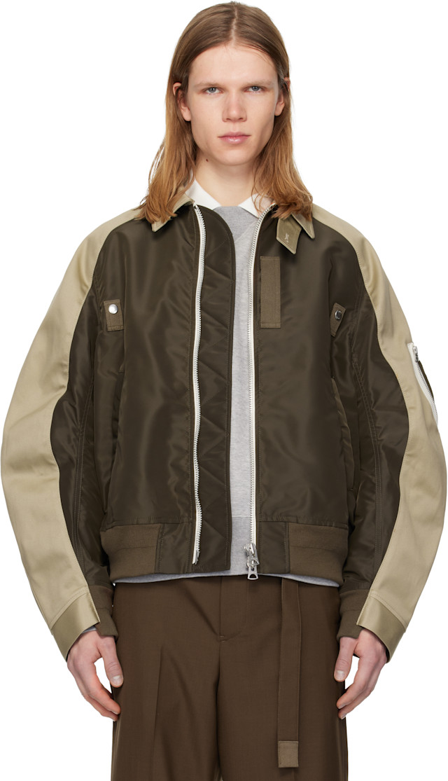 sacai: Beige & Khaki Cotton Chino & Nylon Twill Bomber Jacket | SSENSE