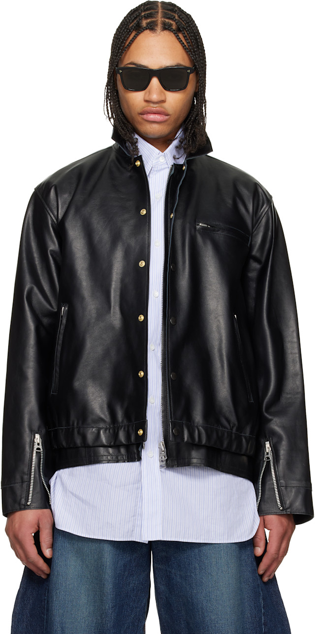 sacai: ブラック レイヤードヘム レザージャケット | SSENSE 日本