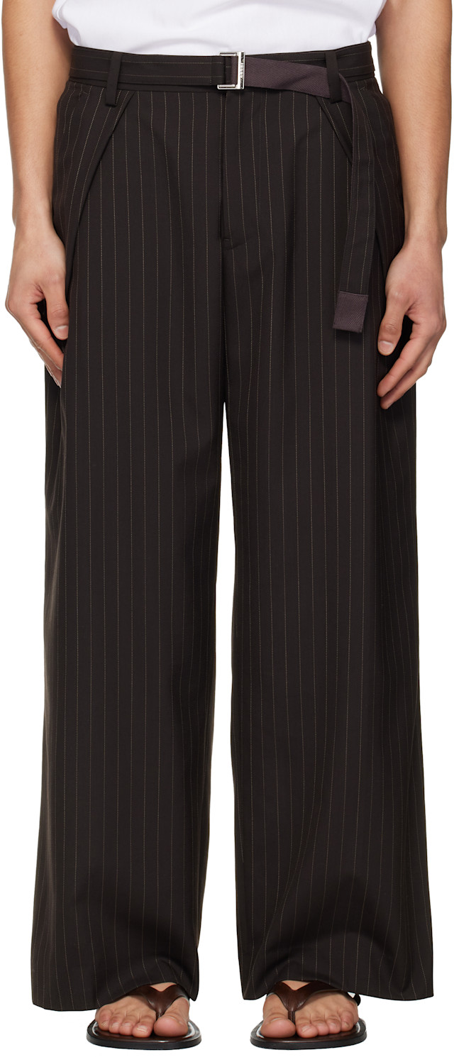 sacai: Brown Chalk Stripe Trousers | SSENSE