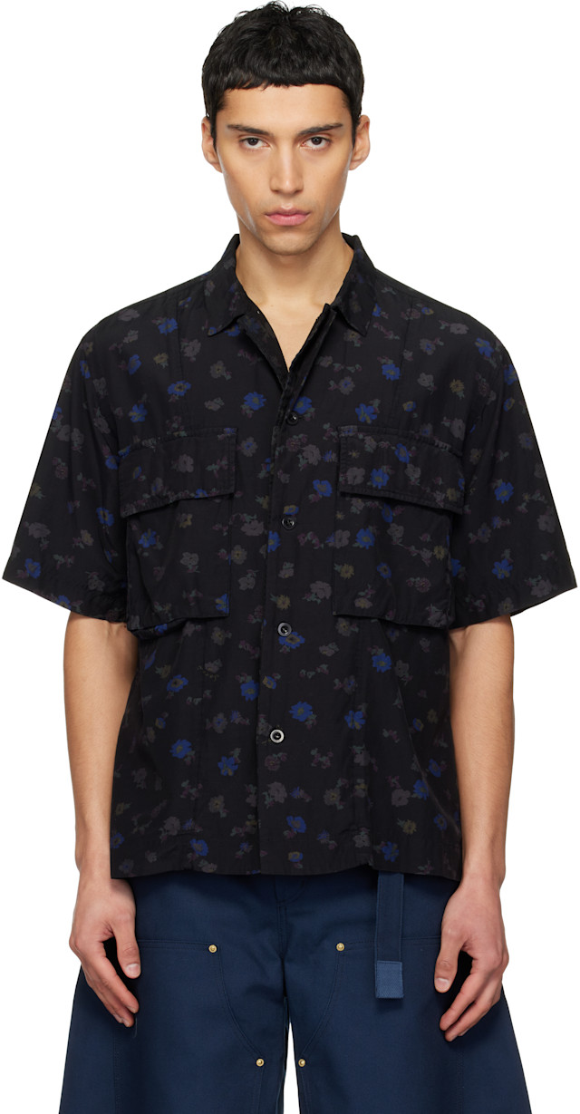 sacai フローラルシャツ　size 1 sacai: Black Overdyed Floral Print Shirt | SSENSE
