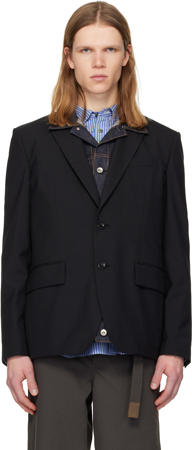 sacai: ブラック Suiting & Denim テーラードジャケット | SSENSE 日本
