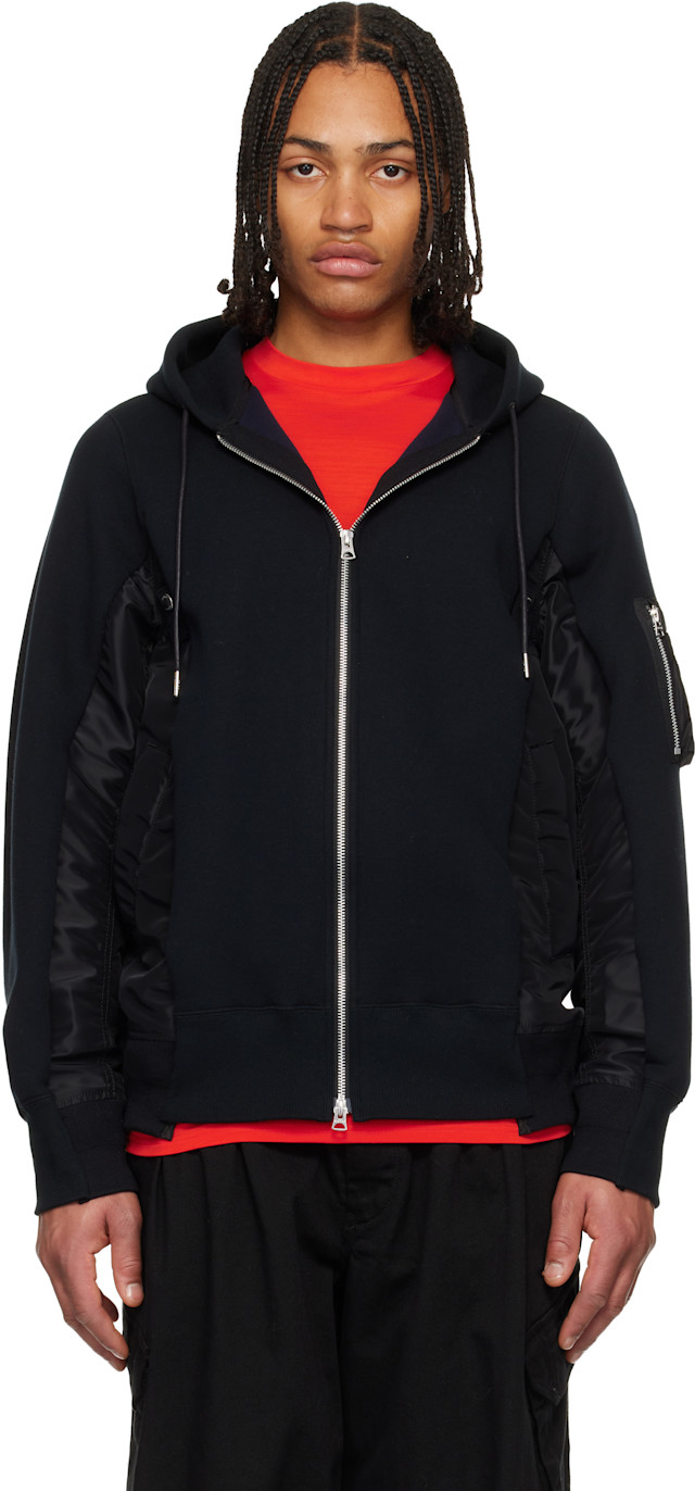 sacai: Black Sponge Sweat & Nylon Twill Hoodie | SSENSE