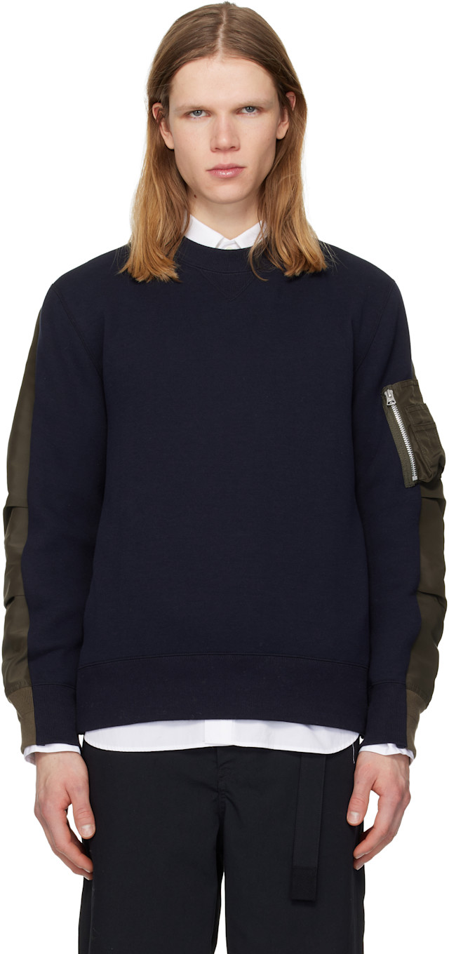 sacai: ネイビー＆カーキ Sponge Pullover スウェットシャツ | SSENSE 日本
