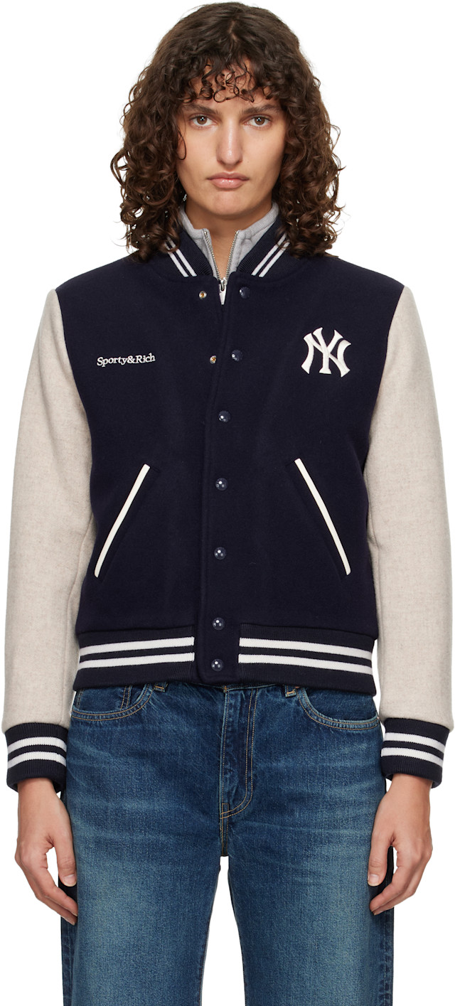 Sporty & Rich: Navy & Beige Yankees Curve Wool Varsity Jacket | SSENSE