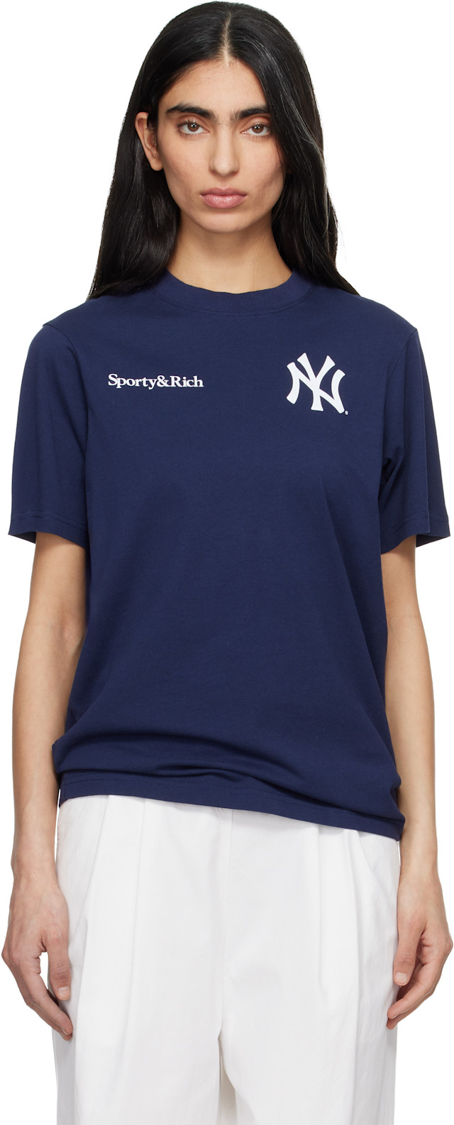 Sporty & Rich: ネイビー '47エディション 'Yankees' Curve Tシャツ