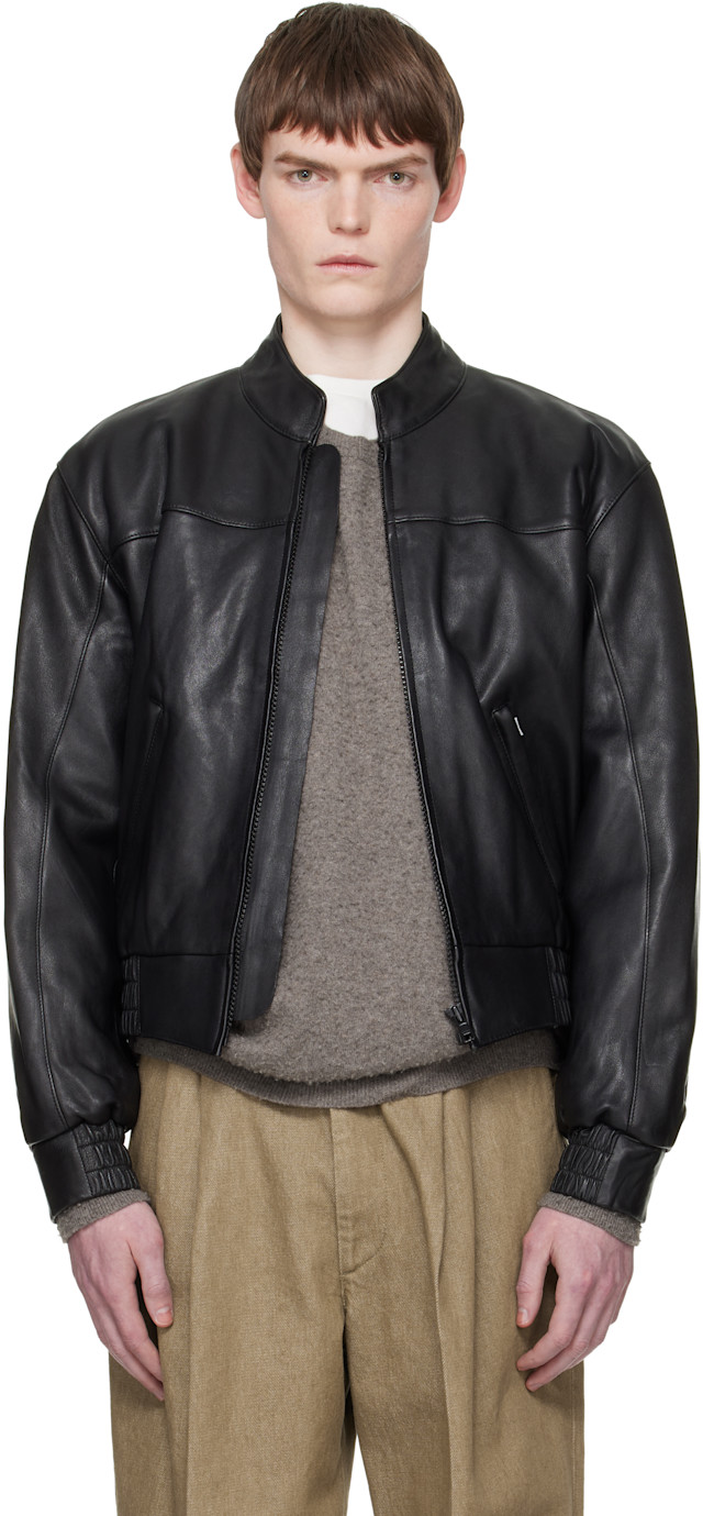 Sunflower: Black Leather Polo Biker Jacket | SSENSE Singapore