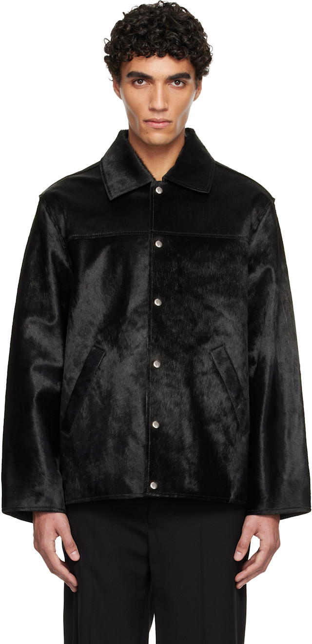 Sunflower: Black Cow Hide Coach Jacket | SSENSE