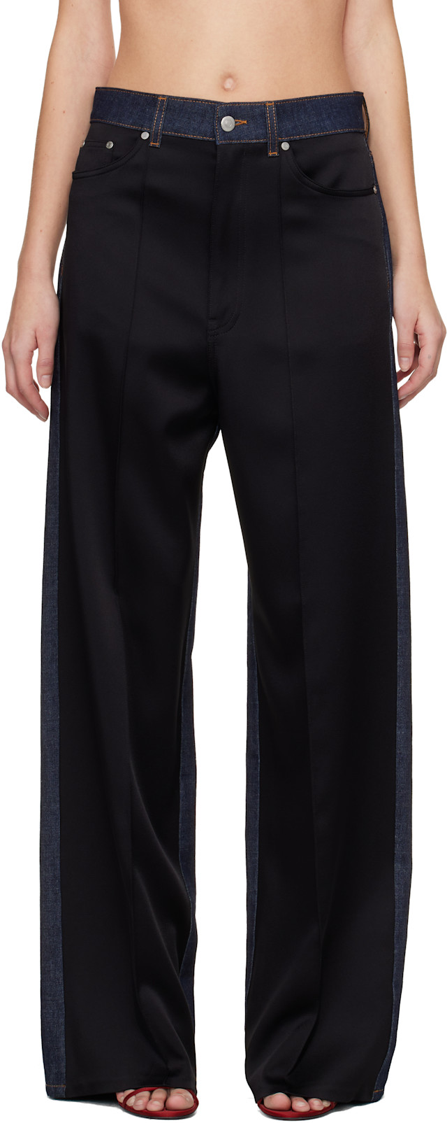 Stella McCartney: Navy & Black Wide-Leg Satin-Panel Jeans | SSENSE