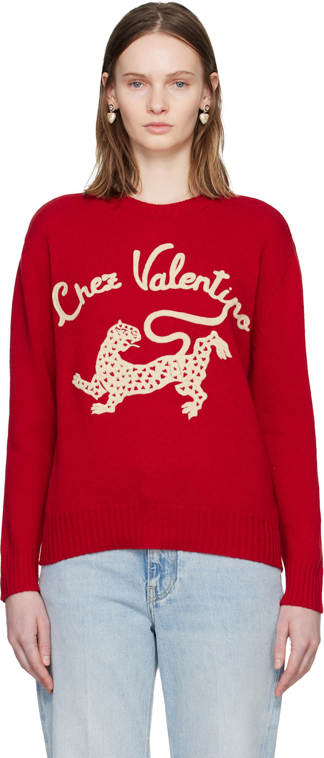 Valentino: Red Wool 'Chez Valentino' & Panther Embroidery Sweater