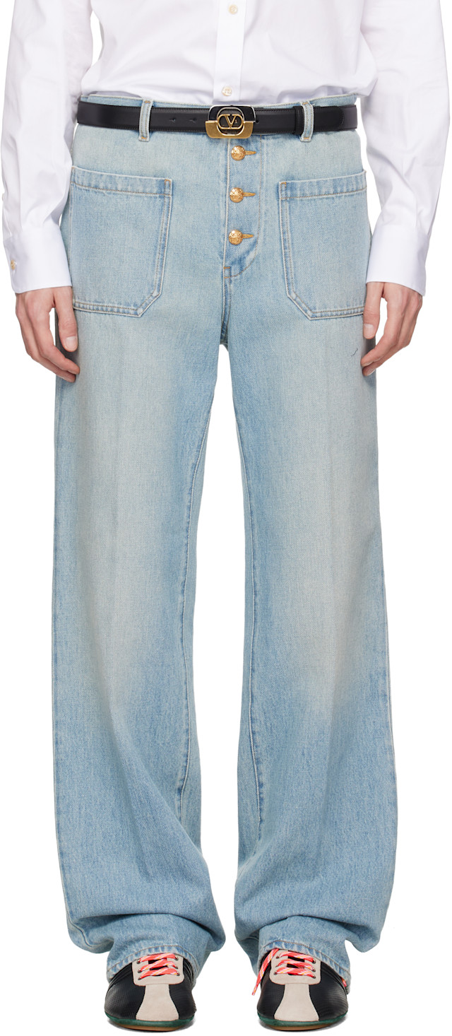 Valentino: Blue Straight-Leg Creased Jeans | SSENSE