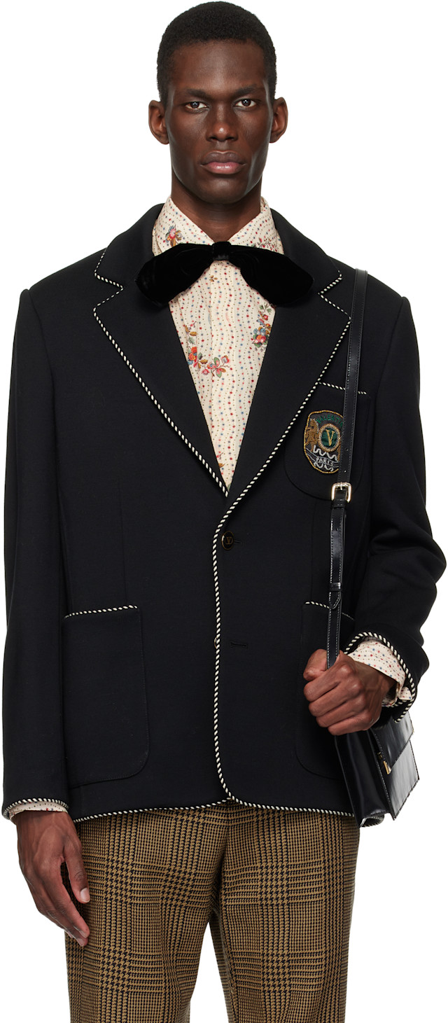 Valentino: Black Single-Breasted Wool Valentino Patch Blazer | SSENSE Valentino: Black Single-Breasted Wool Valentino Patch Blazer | SSENSE