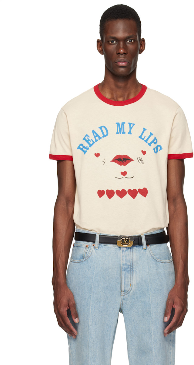 Valentino: オフホワイト 'Read My Lips' Print コットン Tシャツ