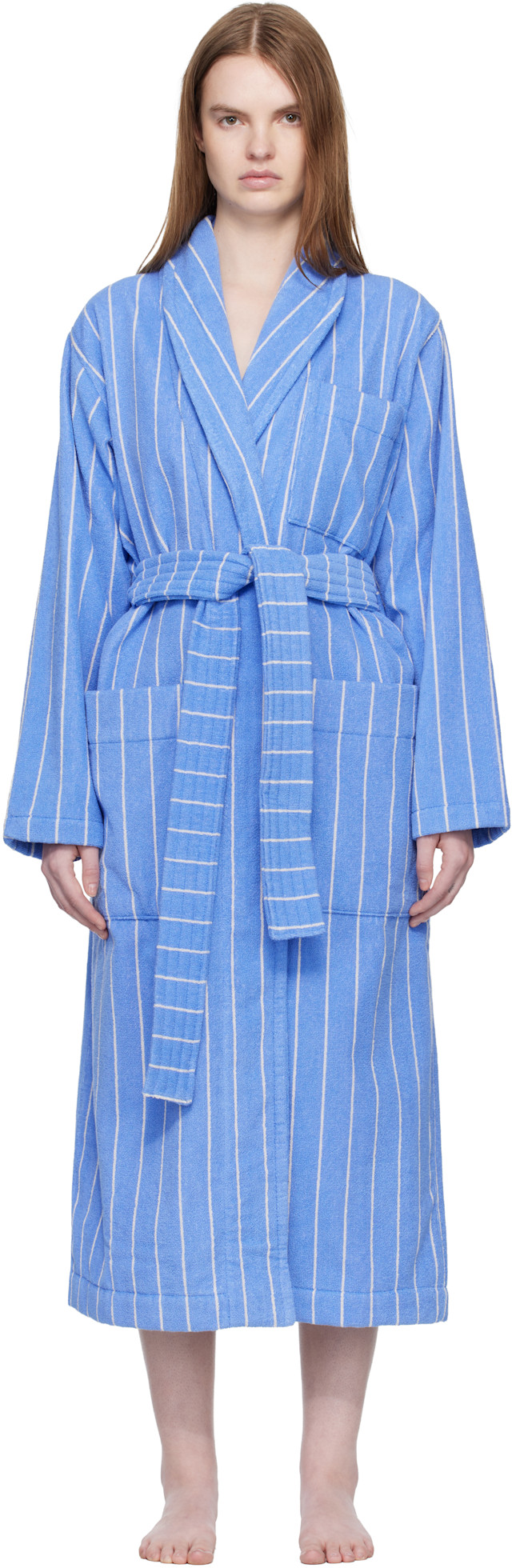 Tekla: Blue & White Terry Classic Bathrobe | SSENSE