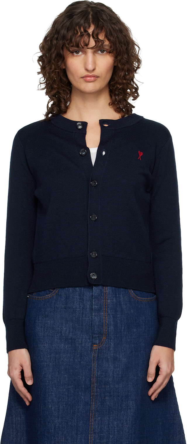AMI Paris アミパリス カーディガン ハートロゴ ニット ネイビー S 美品】アミパリス AMI PARIS 24ss カーディガン ニット ネイビー アミ