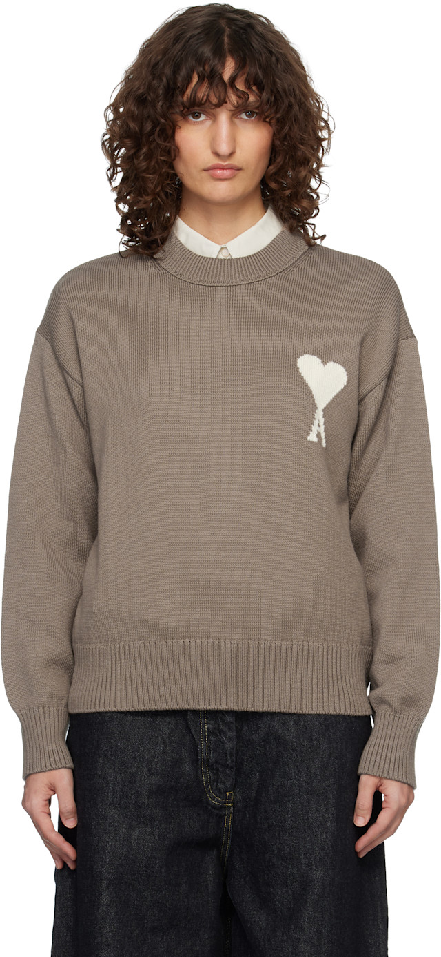 AMI Paris: Taupe Wool & Cotton Crewneck Ami de Coeur Sweater | SSENSE