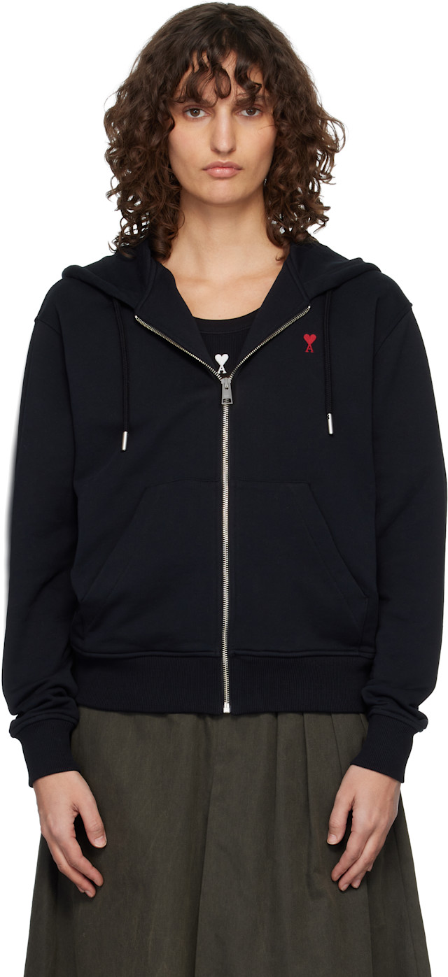 AMI Paris: Black Ami de Coeur Zipped Hoodie | SSENSE Canada