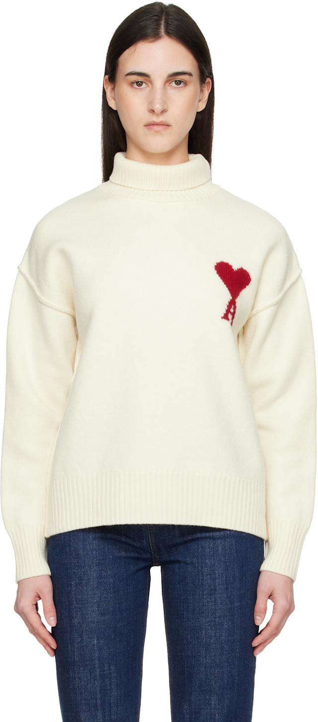 AMI paris ホワイトウールAMI DE COEURファネルネックセーター AMI Paris: オフホワイト Contrasted Ami de Coeur ファネルネック