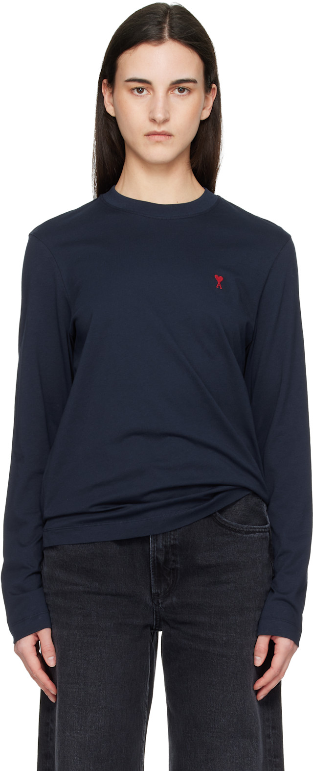 amiページ AMI Paris: Navy Cotton Ami de Coeur Long Sleeves T-shirt | SSENSE