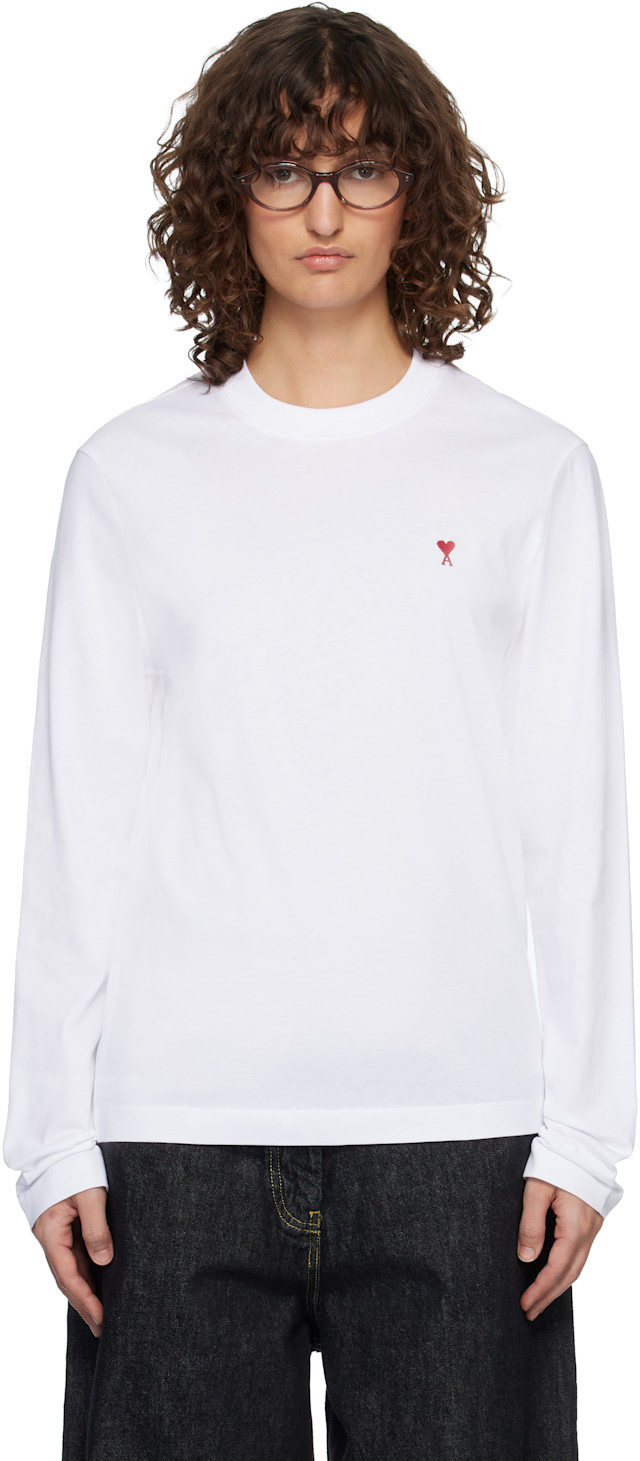 AMI Paris: White Ami de Coeur Long Sleeves T-shirt | SSENSE