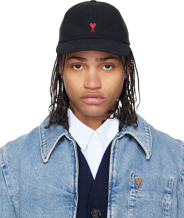AMI Paris: Black Cotton Ami de Coeur Embroidery Cap | SSENSE Canada