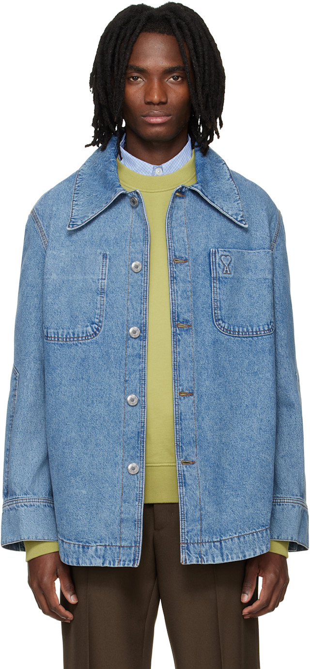 25SS 新作 ami PARIS アミパリス デニムミニワンピース M AMI Paris: ブルー Ami de Coeur コットン デニム ワークジャケット