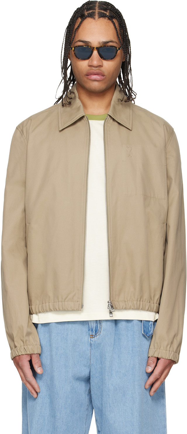AMI Paris: Beige Cotton 'Ami De Coeur' Zipped Jacket | SSENSE