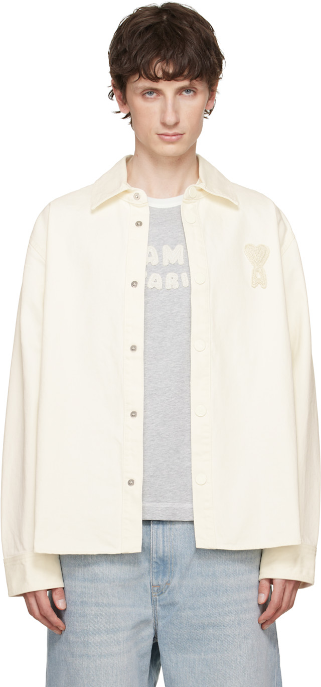 AMI Paris: ホワイト Cotton Knitted 'Ami de Coeur' オーバーシャツ