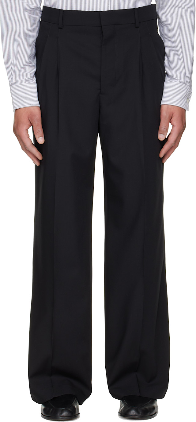 AMI Paris: Black New Wool Low Waist Wide Trousers | SSENSE