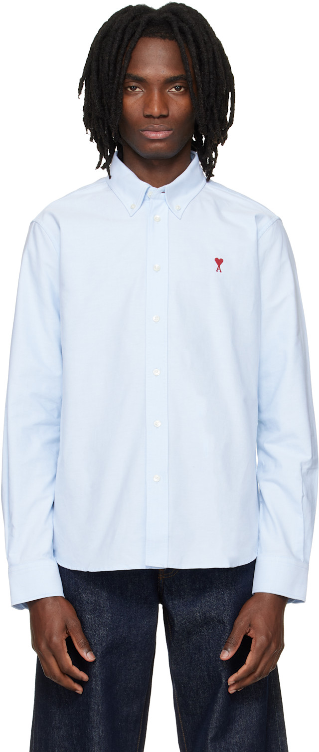 ami paris チェック柄ボタンダウンシャツ AMI Paris: ブルー Classic Embroidered ADC ボタンダウンカラー 長袖