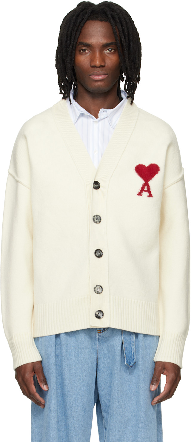 AMI Paris: Off-White Wool Contrasted Ami de Coeur Cardigan | SSENSE