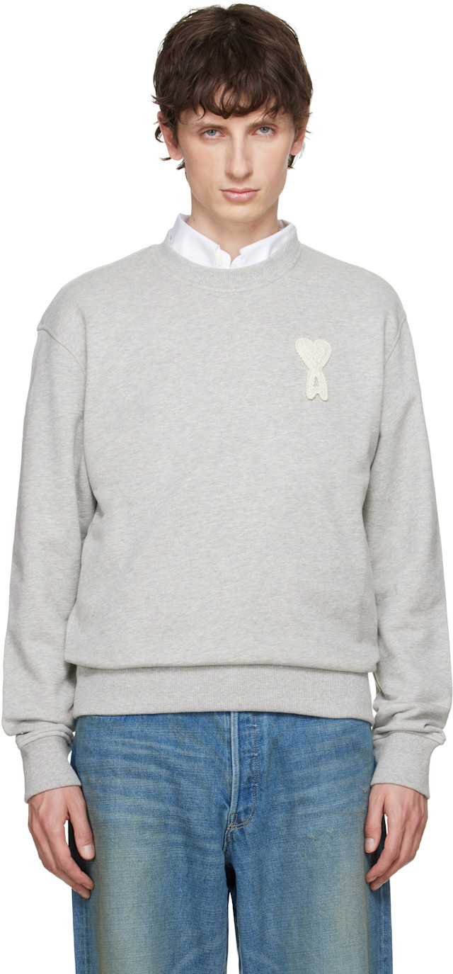 AMI Paris: Gray Cotton Crochet 'Ami de Coeur' Sweatshirt | SSENSE