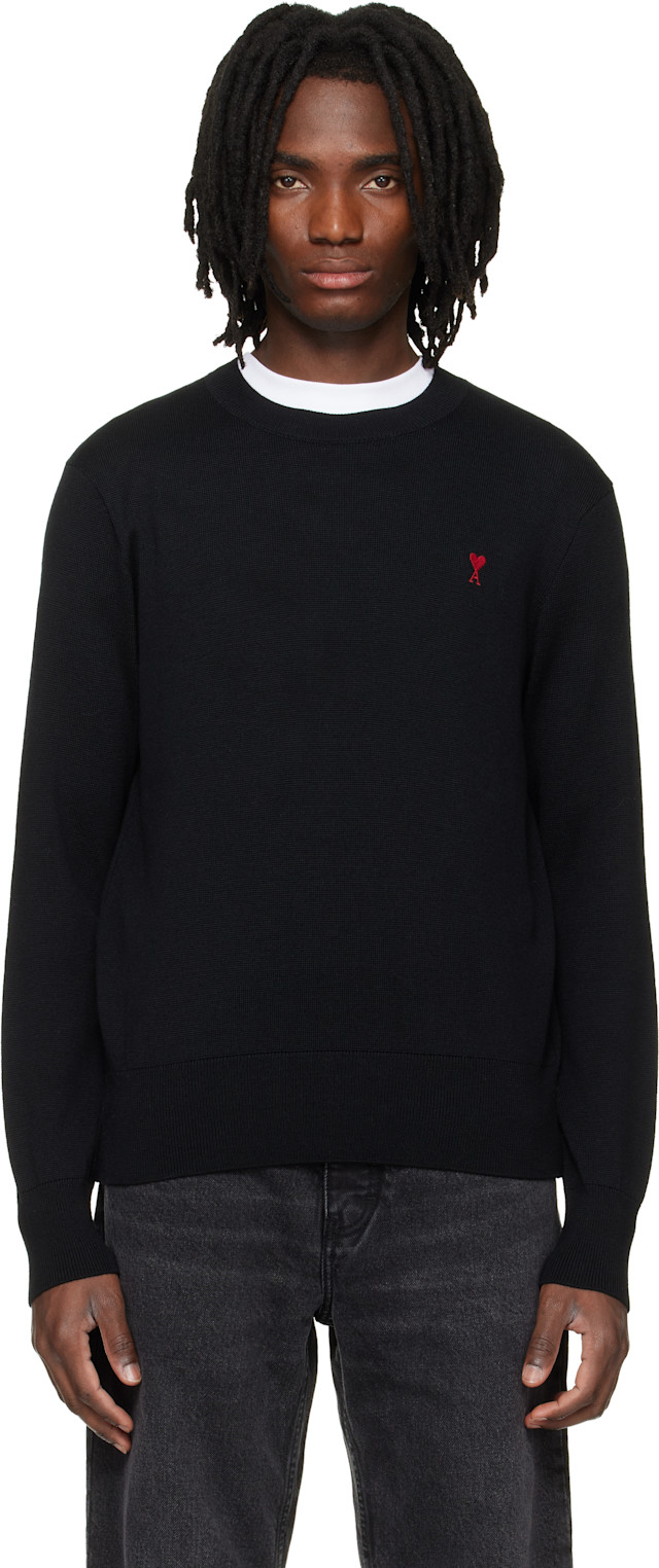 AMI Paris: Black Wool Contrasted Ami de Coeur Crewneck Sweater