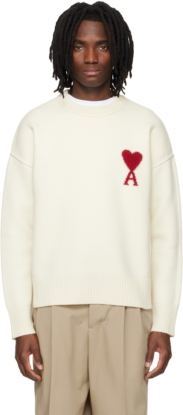 今週のみ9999円AMI PARIS AMI DE COEURボア　アミパリス AMI Paris: Off-White Wool Contrasted Ami de Coeur Crewneck Sweater
