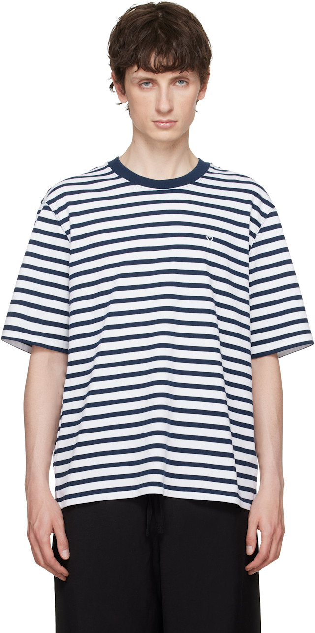 AMI PARIS 新作Tシャツ　M 新品　ボックスシルエットでダボ　白濱亜嵐着 AMI Paris: ホワイト＆ネイビー Boxy Mariniere 'Ami de Coeur' T