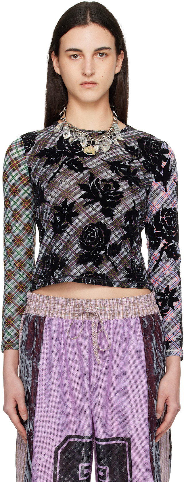 Chopova Lowena: Multicolor Picnic Plaid Flocked Mesh Top | SSENSE