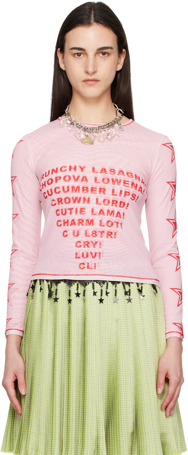 Chopova Lowena: Pink 'Crunchy Lasagna' Fitted Mesh Top | SSENSE