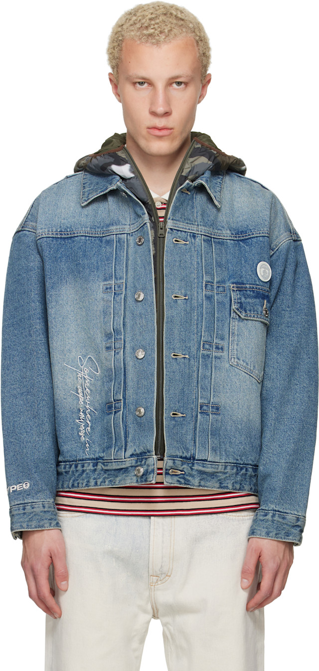AAPE by A Bathing Ape: Blue 'AAPE' Main Denim Jacket | SSENSE