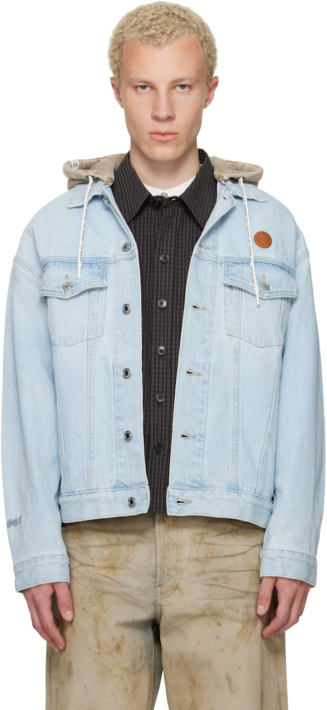 AAPE by A Bathing Ape: Blue 'AAPENOW' Moonface Hooded Denim Jacket